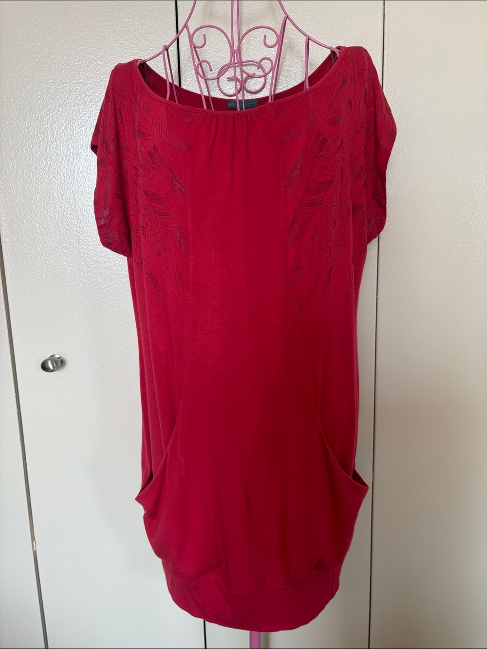 Armani Exchange Raspberry Red Short-Sleeve Tunic with Pocket Details